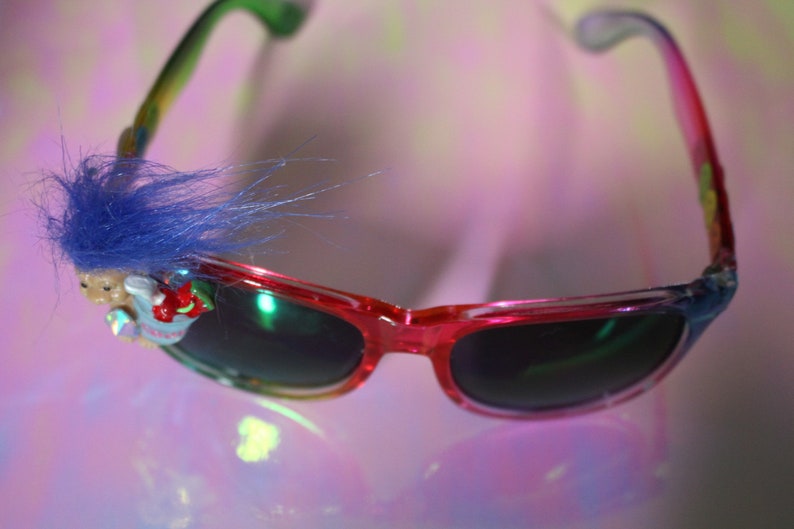 Troll sippin on juice upcycled handmade unique smiley face rainbow sunnies sunglasses