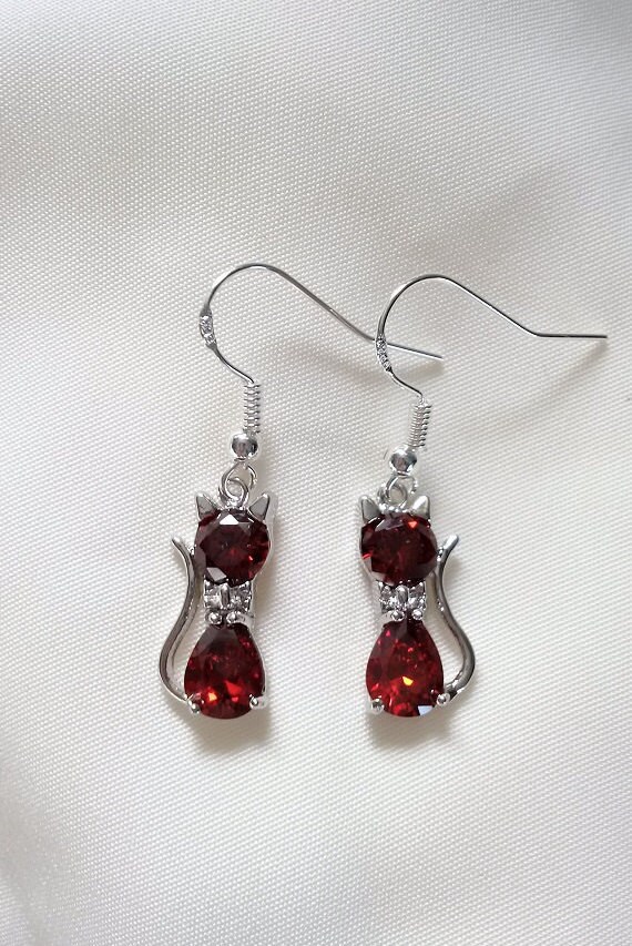 Cat Earrings Crystal Cat Earrings Red Crystal Cat Earrings Etsy