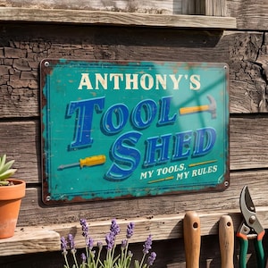 Puede incluir: Un letrero rectangular de metal color verde azulado con un acabado desgastado que presenta el texto ANTHONY'S TOOL SHED MY TOOLS. MY RULES. El letrero incluye ilustraciones gráficas de un martillo y un destornillador con detalles en amarillo y rojo.