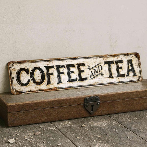 Rustiek metalen bord Koffie en thee – Gepersonaliseerde cadeau keukenmuur