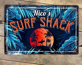 Placa de metal estilo cabana de surf – decoração para casa de praia, nome personalizado