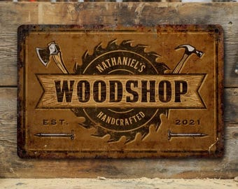 Custom Woodshop Metal Sign Personalized, Aluminum Carpenter Workshop Wall Decor Gift