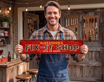 Custom Fix It Shop Metallschild, personalisierte Retro Werkstattdekoration für Man Cave