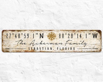 Letrero metálico personalizado con ubicación, coordenadas personalizadas, decoración rústica para el hogar