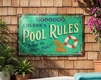 Custom Family Pool Rules Metal Sign Aluminum Airbnb Poolside Wall Decor Funny Gift