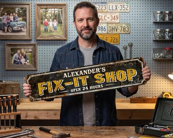 Custom Fix It Shop Metallschild, Retro Werkstatt-Wanddekor für Handwerker