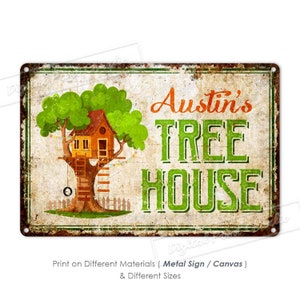 Tree House Sign, Backyard Sign, Rustic Home Decor, Personalised Gifts for Kids, Aluminum Metal Sign