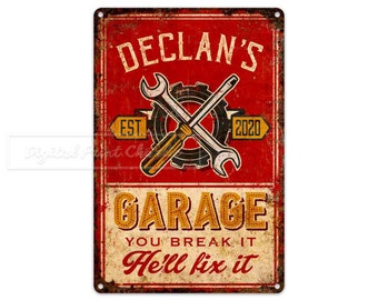Personalized Garage Metal Sign, Fix It Shop Decor