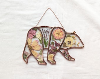 Bear Suncatcher with Pressed Flowers, Unique Stained Glass Bear,  Handmade Bear Wall Decor
