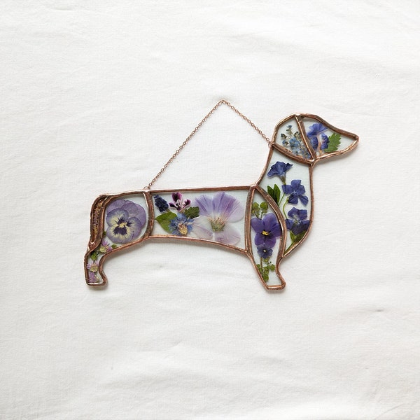 Dachshund Stained Glass with Pressed Flowers, Dachshund Suncatcher, Handmade Weiner Dog Art, Dog Remembrance Gift, Doxie Mom Gift