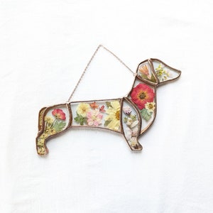 Dachshund Stained Glass with Pressed Flowers, Dachshund Suncatcher, Handmade Weiner Dog Art, Dog Remembrance Gift, Doxie Mom Gift