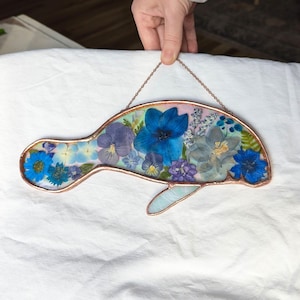 Manatee Art Suncatcher with Pressed Flowers, Handmade Manatee Stained Glass Gift, Stained Glass Manatee Wall Art, Manatee Decor