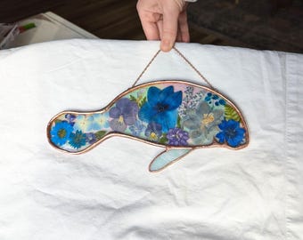 Manatee Art Suncatcher with Pressed Flowers, Handmade Manatee Stained Glass Gift, Stained Glass Manatee Wall Art, Manatee Decor
