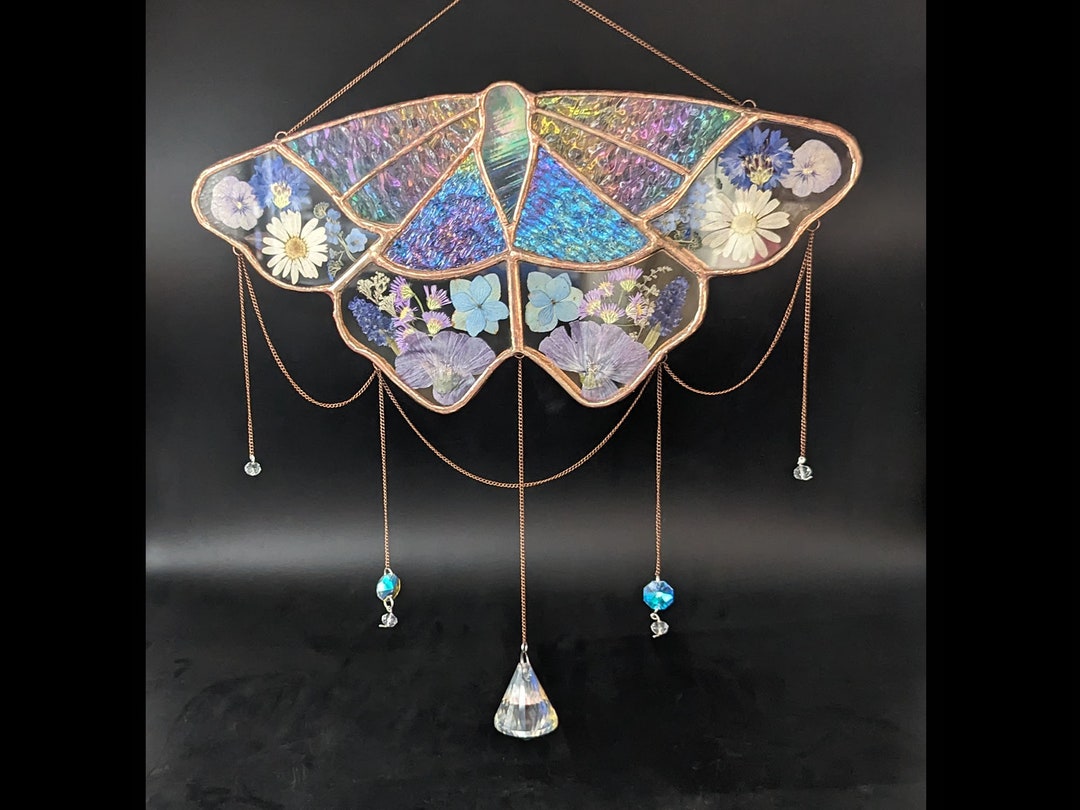 Butterfly Suncatcher With Pressed Flowers, Hanging Crystals, Polished