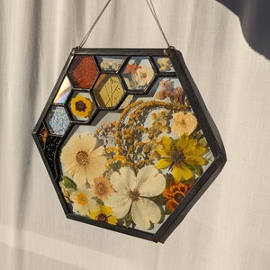 Large Honeycomb Suncatcher with Pressed Flowers and Distressed Black Metal Accents, Honeycomb Stained Glass, Honey Stained Glass