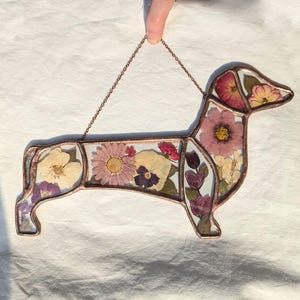 Dachshund Stained Glass with Pressed Flowers, Dachshund Suncatcher, Handmade Weiner Dog Art, Dog Remembrance Gift, Doxie Mom Gift