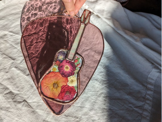 Pink Pressed Flower Guitar Stained Glass in Shape of Guitar Pick