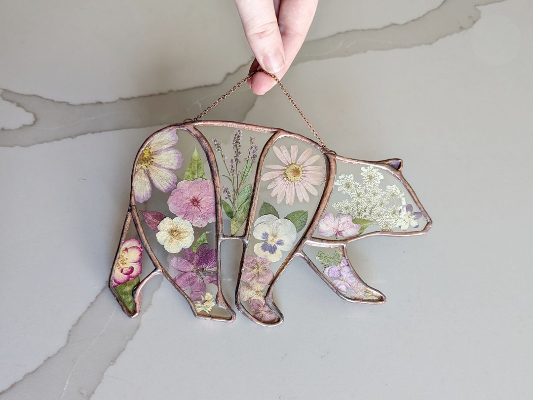Bear Suncatcher With Pressed Flowers, Unique Stained Glass Bear