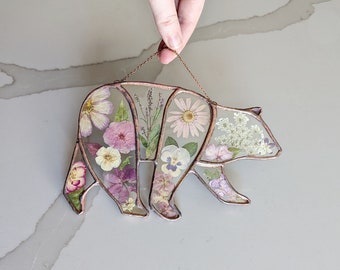 Bear Suncatcher with Pressed Flowers, Unique Stained Glass Bear,  Handmade Bear Wall Decor