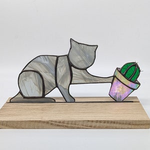 Gray Cat Suncatcher of Cat Pushing Things Over in Stand, Plant Suncatcher, Wine Suncatcher, Succulent Suncatcher, Funny Cat Gift