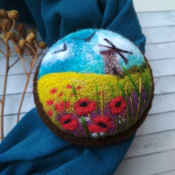 Needle felted brooch Flower brooch Red poppy Mill jewelry FeltAccessories Blue sky pin Nature love Birds ornament