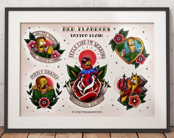 Ned Flanders Tattoo Flash Sheet - Traditional Tattoo Flash Art Print
