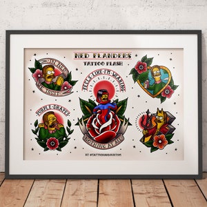 Arkusz Flash Tatuażu Neda Flandersa - Tradycyjny Flash Art Print Tatuażu