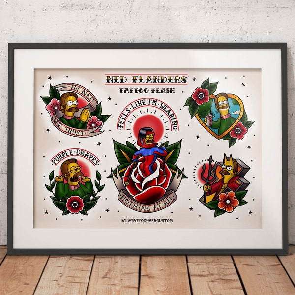 Ned Flanders Tattoo Flash Sheet - Traditionele Tattoo Flash Art Print