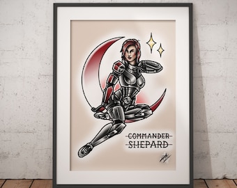 Commander Shepard Femshep - Mass Effect Pinup - Traditional Tattoo Flash Art Print