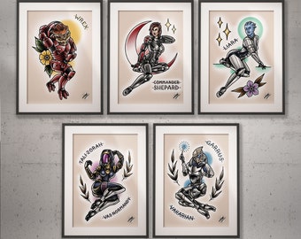 Mass Effect Pinup Bundle - Traditional Tattoo Flash Art Print