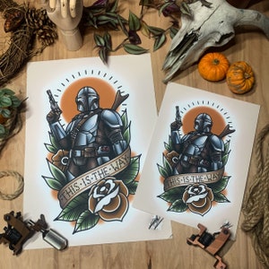 Mando - The Mandalorian - Tradycyjny wydruk artystyczny Flash Tattoo