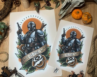 Mando - The Mandalorian - Traditional Tattoo Flash Art Print