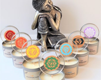 The 7 CHAKRA Meditation Aromatherapy Candle, Beautiful Handmade Blends, Choice of tin size 120ML or 250ML, Soy Wax, Organza Gift Bag