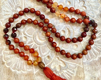 Crystal Japa MALA Necklace with Red Jasper, Red Tiger Eye, Carnelian, Willow Wood, 108 Beads, Protection, Strength, Resilience