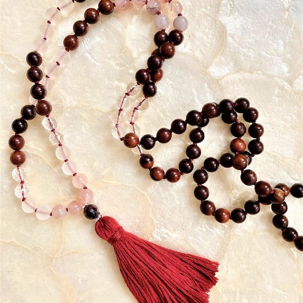 Crystal Japa MALA Necklace with Clear Quartz, Fire Quartz and Red Rosewood, 108 Beads, Sterling Silver, Hand knotted, Wisdom, Intention work