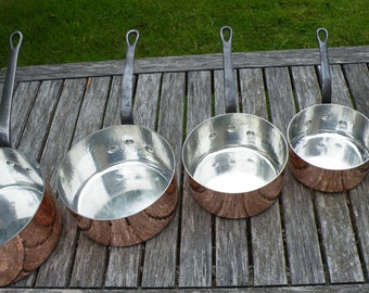 NON UTILIZED Set of 5 Graduating French Hammered Copper HAVARD. Saucepans + Iron Handles  13.64lbs / 6.19kgs  Diameters 20,18,16,14,12