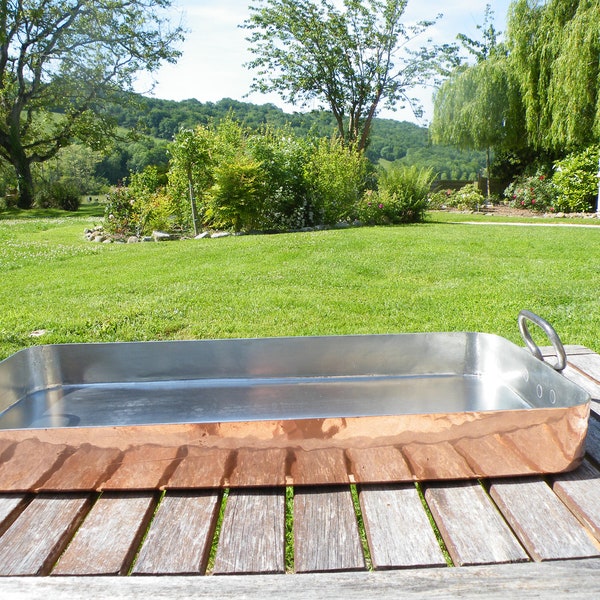 REFURBISHED, "NEW TIN"   Ancient French Hammered Copper Roasting Pan With Iron Swing Handles 25.35"/64.4cm  17.85Lbs/8.1Kgs  2.9mm >3.2mm