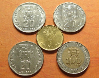 Conjunto de monedas vintage de escudos portugueses: Moneda portuguesa de las décadas de 1980 y 1990