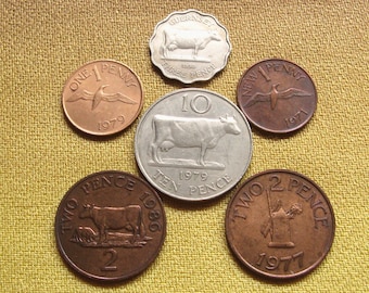 Vintage Guernsey-munten: 1, 2, 3, 10 pence - dierenontwerpen