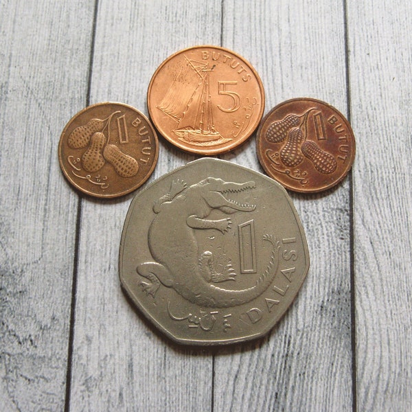 Gambische Münzen, Münzen aus Gambia, Vintage Gambische Münzen, Bututs Münze, DAlasi Münzen, Tiere Münzen, Crorcodile Münzen, Afrikanische Münzen