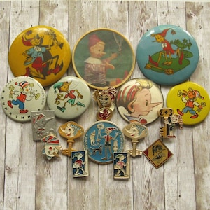 Vintage stripfiguren pinnen, Burattino pinnen, gouden sleutel sprookje, Pinokkio pinnen