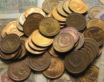 1 Inch Coins, Set Of 10 Coins, Vintage Coins Supplies, Collectible Or Craft, Authentic Coins, Money Metal Supplies, 5 Kopeks Co