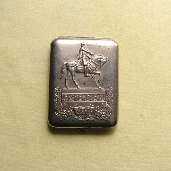 Vintage Stainless Steel Cigarette Case, Equestrian Design, Men's Gift