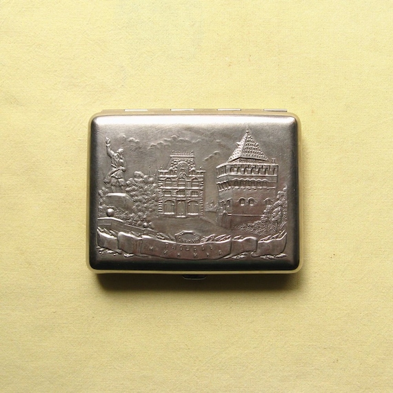 Vintage Stainless Steel Cigarette Case, Art Nouveau Decor