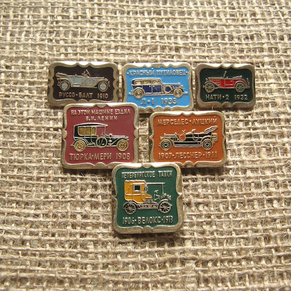 USSR Retro Car Pins: Vintage Auto Emblems, Garage Art (Set of 6)