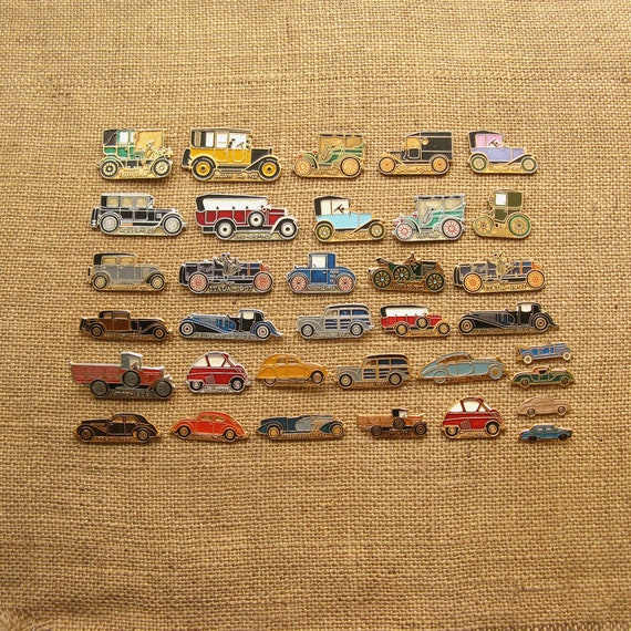 Vintage Car Pins: USSR Retro Automobile Badges, Set of 34