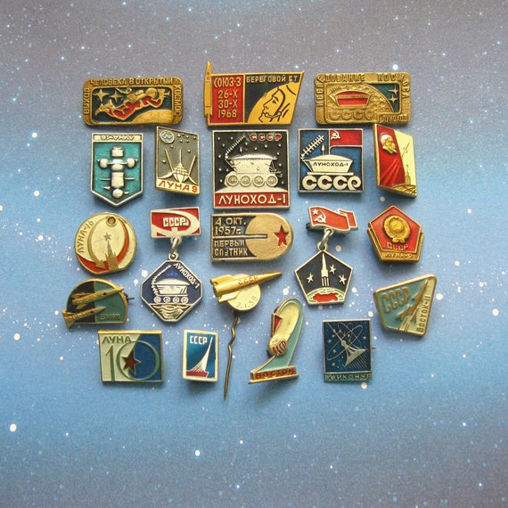 Vintage Soviet Space Program Pins, Cosmos Exploration Badges, 1970s
