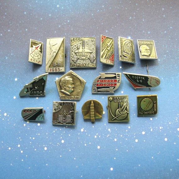 Vintage Soviet Space Program Pins, Cosmos Exploration Collectibles