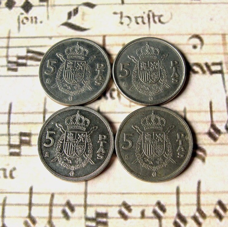 ヴィンテージ スペイン 5ペセタ硬貨 - ヨーロッパ通貨、4枚セット