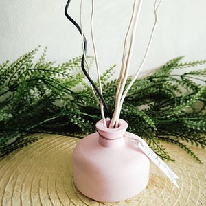 Puede incluir: Una botella de difusor de cerámica rosa con varillas de caña naturales, algunas negras y algunas blancas, que sobresalen de la parte superior. La botella está sentada sobre una estera de paja tejida.